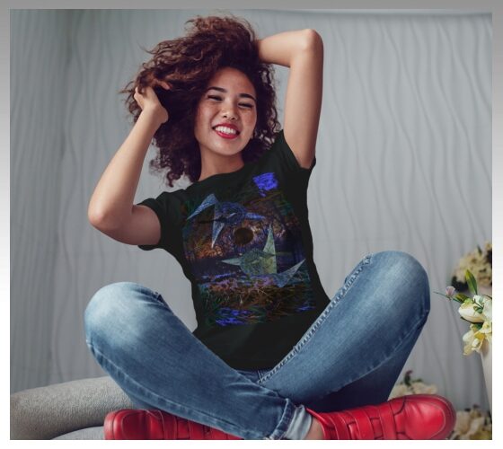 Model wearing an ArtDogs shirt featuring John Hermann's original artwork